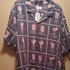 Marine Layer Men's Navy Blue Cocktail Print  SS Button Down Shirt XXL